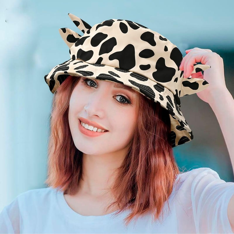 QANQIUPLE Cow Print Bucket Hat with Cute Horn Ears Cow Print Summer Beach Sun Hat Fisherman's Cow Bucket Hat - Image 5